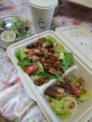 Vegan taco beans and rice bento box. We got it without a side that contained bonito flakes, might have been the mashed potato. at Forest Stand Sengakuji in Tokyo