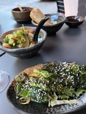 Small dumpling soup and green seaweed covered tofu   at Cham  in Hamburg