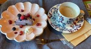 Raw tart of seasonal fruit and strong coffee  at  Ikuri in Kyoto