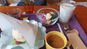 Burger comes with salad and soup. at  Ikuri in Kyoto