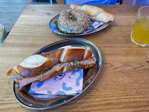 Vegan ham Sandwich, Power Bagel and Croissant filled with vegan meat at Bakery Bakery - Basel SBB in Basel