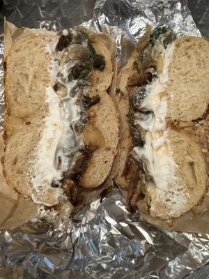 Vegan frenchie on everything bagel  at Knickerbocker Bagel in Brooklyn