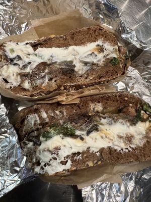 Vegan frenchie on pumpernickel everything   at Knickerbocker Bagel in Brooklyn
