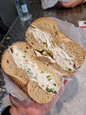 Tofu vegetable spread on everything bagel at Knickerbocker Bagel in Brooklyn