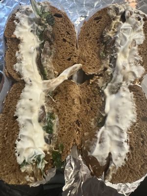 Vegan Frenchie (grilled spinach, mushroom, onion and tofu cc) on pumpernickel everything   at Knickerbocker Bagel in Brooklyn