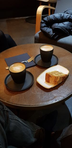 Caffee late and caramel cake at Cinema Café & Bar in London