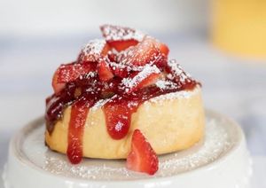 Jelly Roll - Raspberry & Strawberry Jam, Strawberries, and Powdered Sugar! at Cinnaholic in Stafford