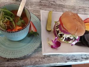 Indian coconut veggie curry and burger at The Sanibel Sprout in Sanibel