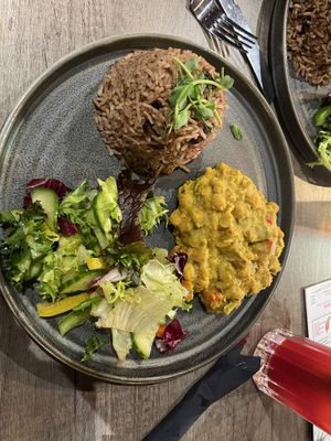 Chickpea curry and rice and pea  at Jamrock in Leeds