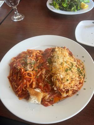 Seitan Parmesan with spaghetti ($20)  at Bella Napoli  in Copiague