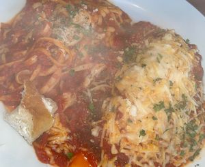 Seitan Parmesan with spaghetti 🍝 ($20) at Bella Napoli  in Copiague