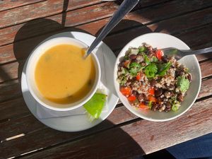 Small quinoa salad (no feta) and small cup of apple & butternut squash soup (no sour cream; is already made with coconut milk)  at Salt Shaker Deli in Lunenburg