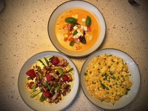 Melon gazpacho, asparagus cream mushroom fruit, fried gnocchi and cream  at Les Mauvaises Herbes in Quebec