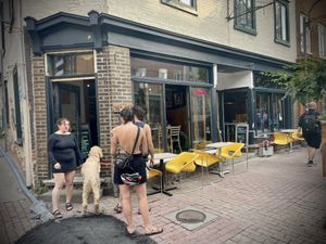 Entrance to restaurant   at Les Mauvaises Herbes in Quebec