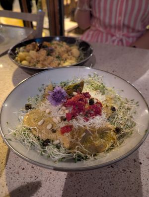 Olive ravioli with pine nuts at Les Mauvaises Herbes in Quebec