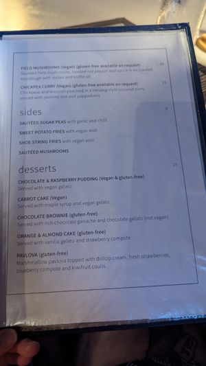 Special menu with clearly labeled vegan items at Dundees on the Waterfront in Cairns