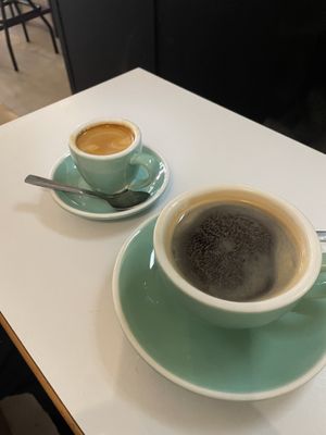 Double espresso and café Americano  at La Loca de Enfrente in Madrid