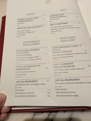 Speisekarte at Cafe Sacher in Salzburg