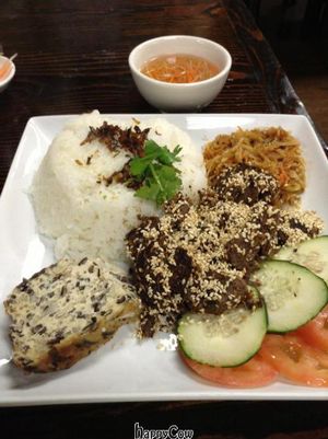 Broken rice with shredded vermicelli, steamed tofu cake, and faux beef (althouth the menu said steamed egg it is actually a tofu cake) at An Lac Duyen in Garden Grove