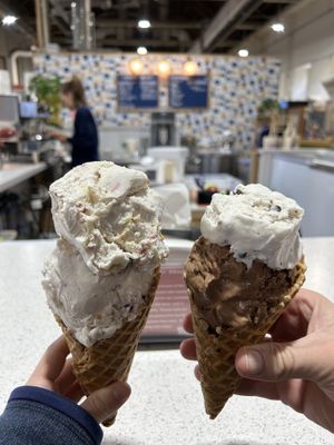 Left cone is birthday cake and lemon something.  at Honey Bear Ice Cream in Harrisburg