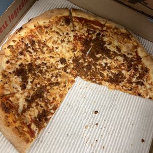 vegan sausage pizza (25% gone lol)  at Sauced Pizzeria in San Diego