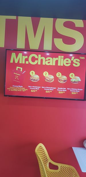 Love the funny vibe and how their poking fun at big food chains  at Mr.Charlie's - Sydney in Redfern