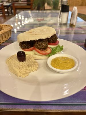 Falafel and pita plate  at La Casa de Bamboo in Huacachina