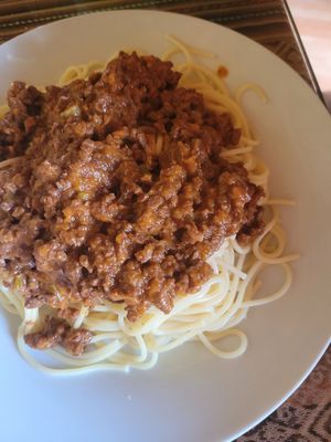 vegan Spagetthi Bolognese with soy meat at La Casa de Bamboo in Huacachina
