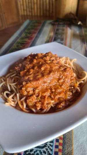 Spaghetti Bolognese with soy protein at La Casa de Bamboo in Huacachina