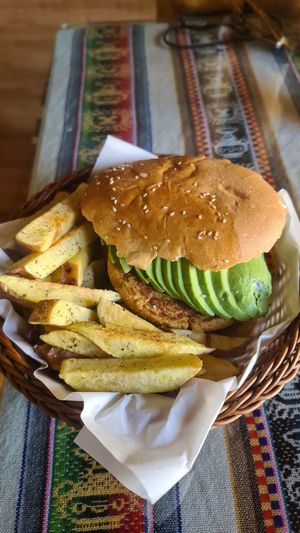 Burger with a chickpea patty at La Casa de Bamboo in Huacachina