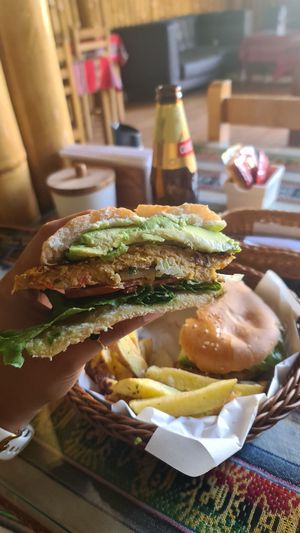 Chickpea burger at La Casa de Bamboo in Huacachina