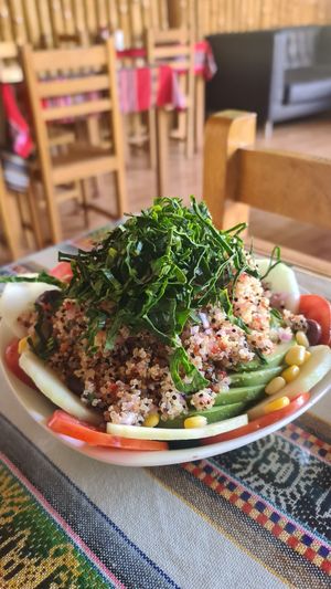Quinoa salad with avo at La Casa de Bamboo in Huacachina