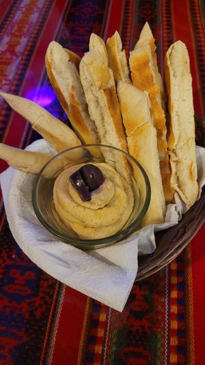 Hummus and Pita at La Casa de Bamboo in Huacachina