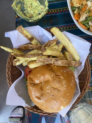 Vegan chickpea burger- very good  at La Casa de Bamboo in Huacachina