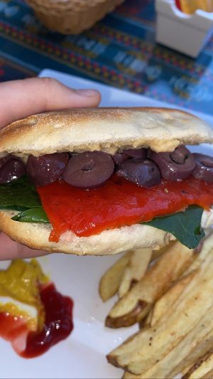 The vegan hummus sandwich   at La Casa de Bamboo in Huacachina