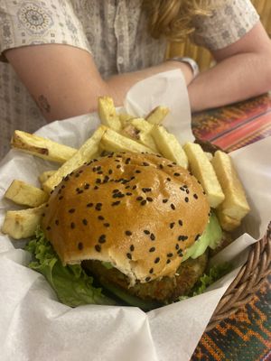 Lentil burger   at La Casa de Bamboo in Huacachina