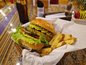 Vegan lentil hamburger at La Casa de Bamboo in Huacachina