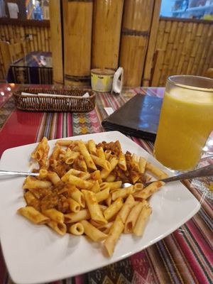 Vegan bolognese at La Casa de Bamboo in Huacachina