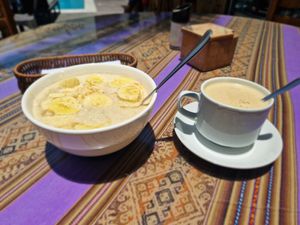 Porridge with soy milk for breakfast at La Casa de Bamboo in Huacachina