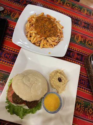 Soy meat bolognese and falafel pita  at La Casa de Bamboo in Huacachina