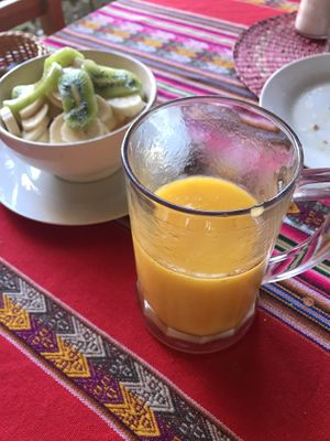Mango juice and breakfast fruit salad at La Casa de Bamboo in Huacachina