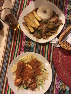 Simple pasta and mushroom saltado at La Casa de Bamboo in Huacachina