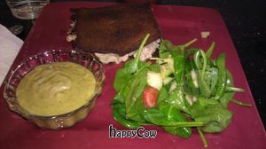 Salad with raw miso dressing, Reuben sandwich with eggplant, sauerkraut, and cashew cheese, and a raw Mexican soup.  at Balance in Logan