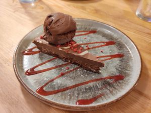 Chocolate torte with vegan ice cream at The Ram Inn bussage in Stroud