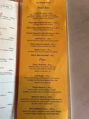 Their vegan-only menu  at JUNE in Beaverton