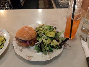 BBQ Pulled "Pork" Sando with side salad & La
 Llorona at JUNE in Beaverton
