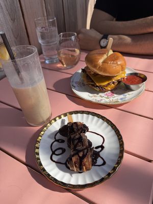 Bacon Wrapped Dates, Double Smash Burger, Beaverton Yacht Club (piña colada)  at JUNE in Beaverton