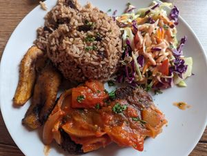 Lentil croquets, rice and beans,coleslaw and plantains at El Nacional  in Panama City