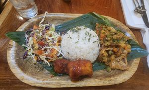 Seiten stew with rice and salad and  caramelized plantains. at El Nacional  in Panama City