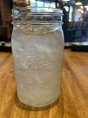 Water comes in mason jars   at Fixins in Sacramento